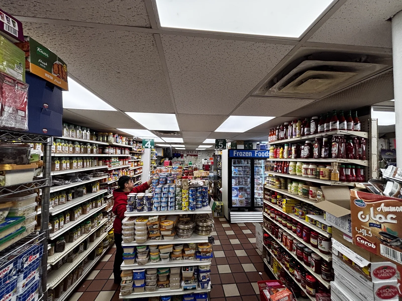 Cold case section with frozen-foods sign and customer reaching for products